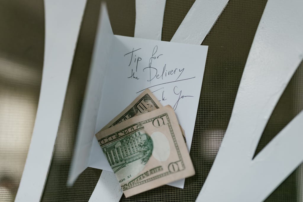 A photo of US dollar bills placed with a handwritten tip note for delivery service.